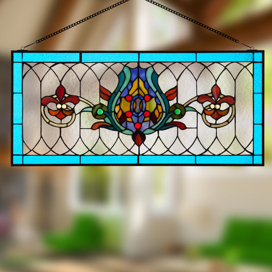 Tiffany-Style Lighting 30" Blue Multi Fleur De Lis Stained Glass Pub Window Panel