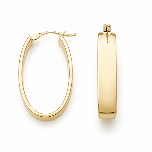 A pair of polished yellow gold hoop earrings, one shown from the front and the other from the side profile, on a clean white background.