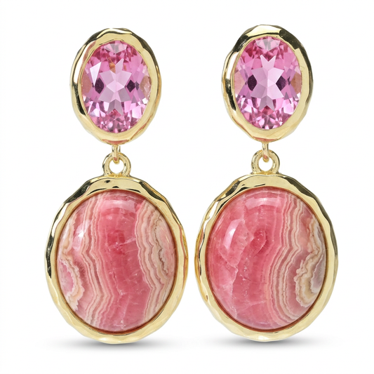 18K Gold Plated Rhodochrosite & Pink Topaz Hammered Drop Earrings