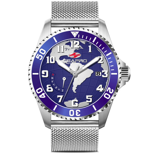 Seapro Men's 42mm Voyager Quartz Day & Date Globe Dial Mesh Bracelet Watch