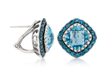 Belle Artique Sterling Silver Cushion Blue Topaz Briolette Halo Button Stud Earrings