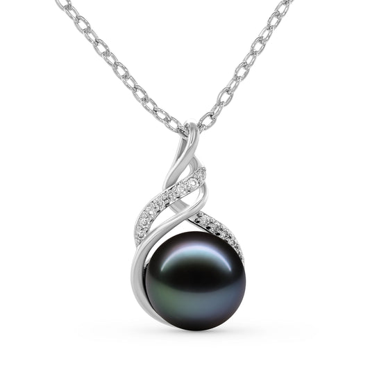 TRYNDI Rhodium Plated 11-12mm Tahitian Black Pearl Swarovski Crystal Necklace