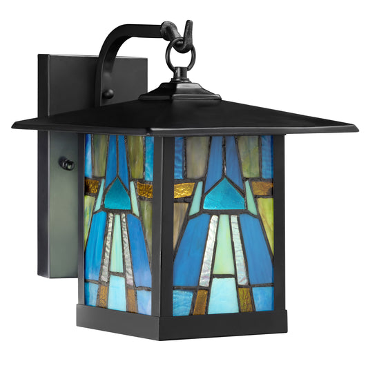Tiffany-Style Lighting Aqua and Amber Stained Glass 1-Light Outdoor Lantern Wall Sconce