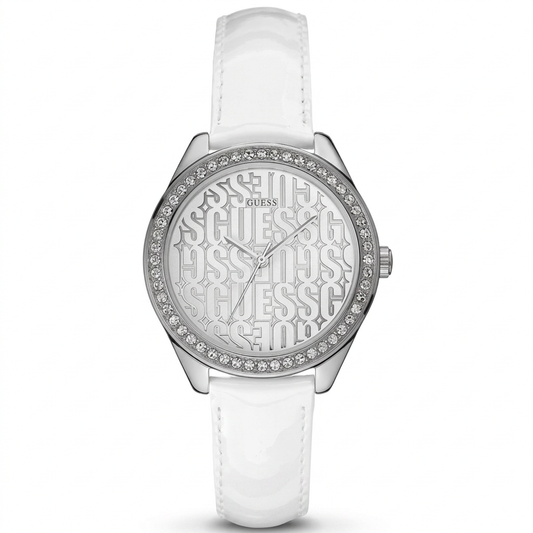 Guess Women's 36mm Trance Quartz Crystal Bezel Logo Dial Leather Strap Watch