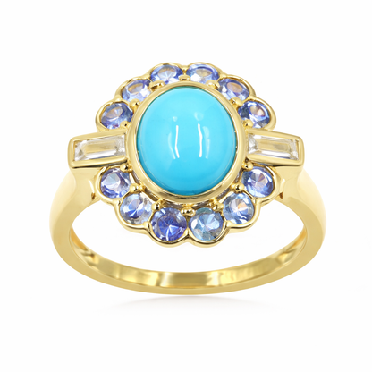 Sterling Silver 9x7mm Sleeping Beauty Turq & Ceylon Sapphire Halo Ring