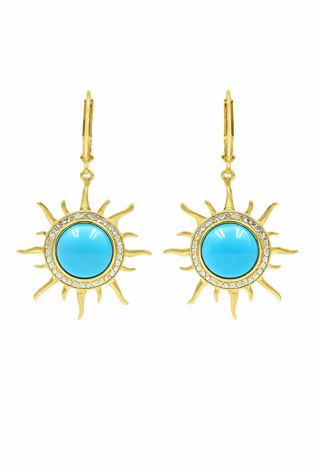 Gold Plated 10mm Sleeping Beauty Turq & White Zircon Sun Drop Earrings
