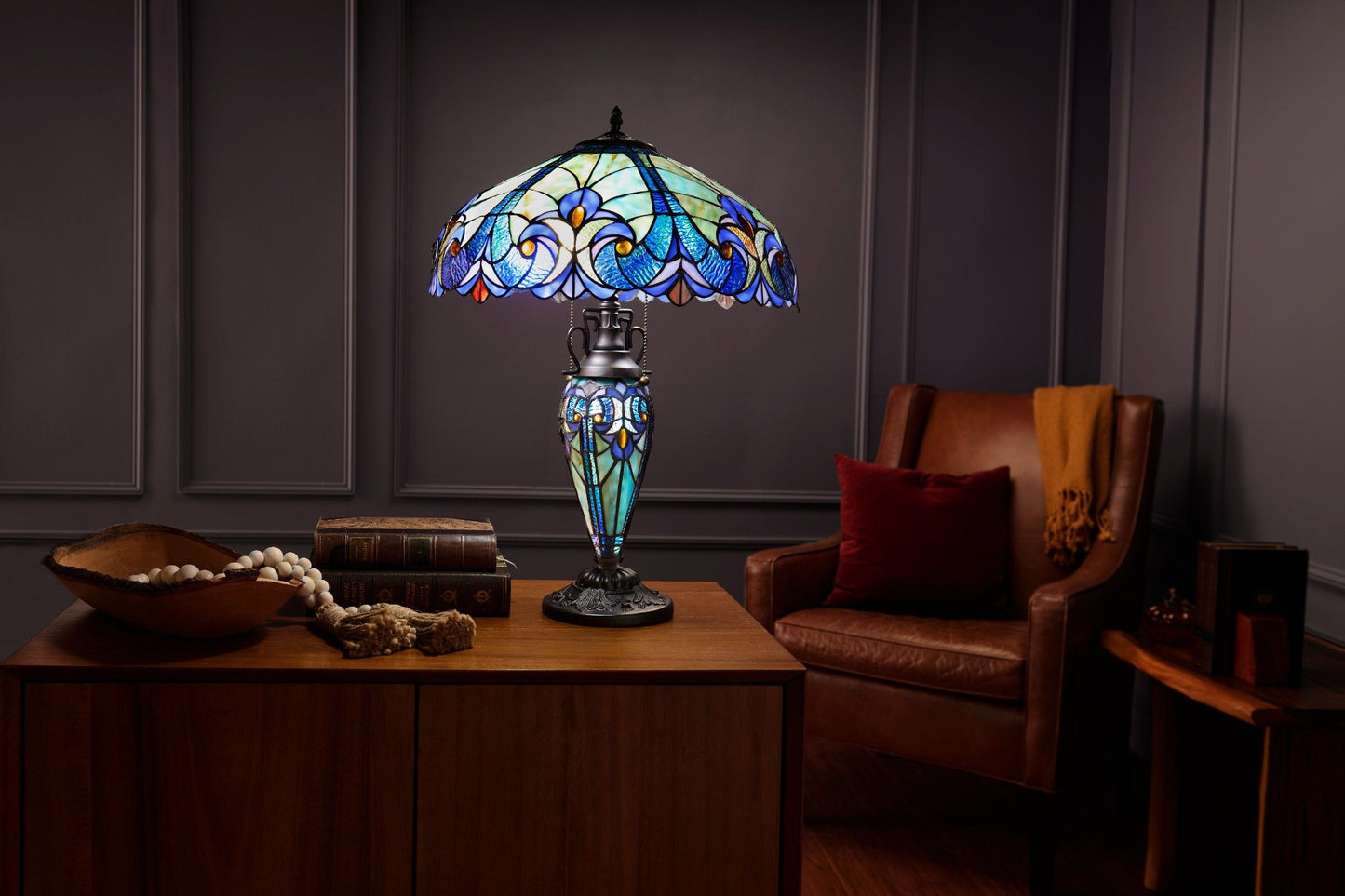 Tiffany-Style Lighting 24.5" Halston Double Lit Bowl Shade Stained Glass Table Lamp