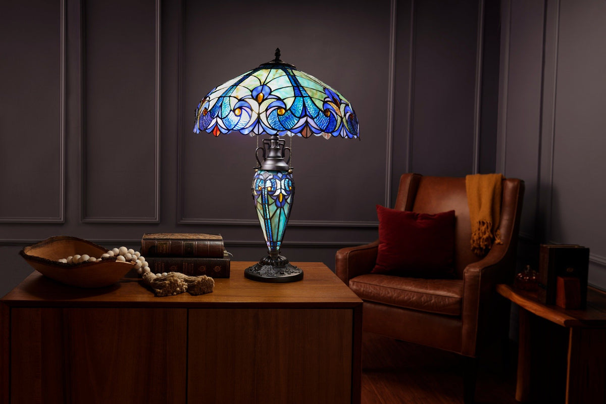 Tiffany-Style Lighting 24.5" Halston Double Lit Bowl Shade Stained Glass Table Lamp