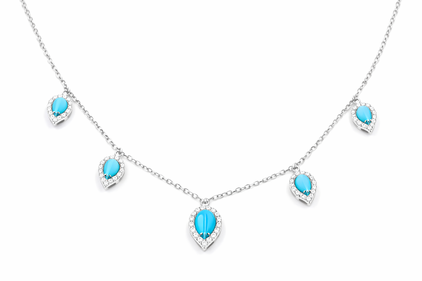 Sterling Silver Sleeping Beauty Turquoise Pear-Shaped 5-Stone Charm Necklace