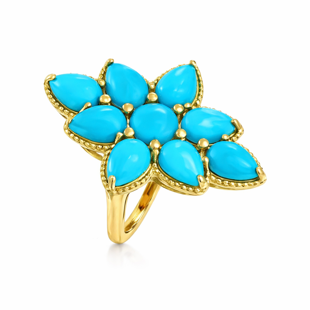 Gold Plated Sleeping Beauty Turquoise Elongated Flower Milgrain Ring
