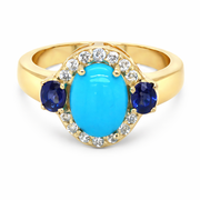 Gold Plated Sleeping Beauty Turq, Ceylon Sapphire & White Zircon Halo Ring