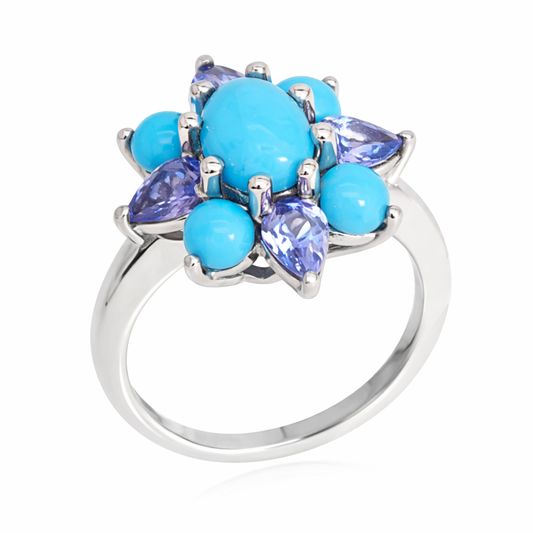 Sterling Silver Sleeping Beauty Turq & Tanzanite Flower Ring