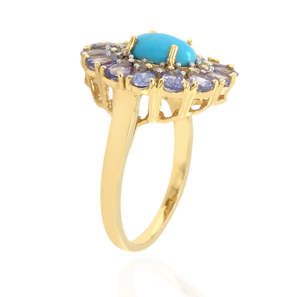 Gold Plated 10x8mm Sleeping Beauty Turquoise & Tanzanite Halo Cocktail Ring