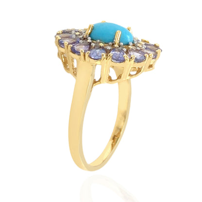 Gold Plated 10x8mm Sleeping Beauty Turquoise & Tanzanite Halo Cocktail Ring