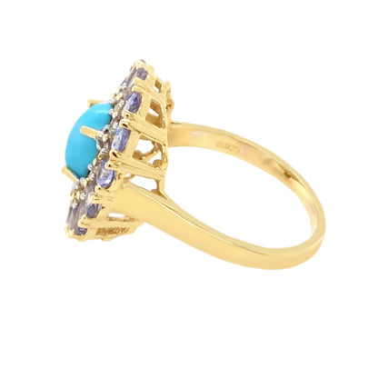 Gold Plated 10x8mm Sleeping Beauty Turquoise & Tanzanite Halo Cocktail Ring