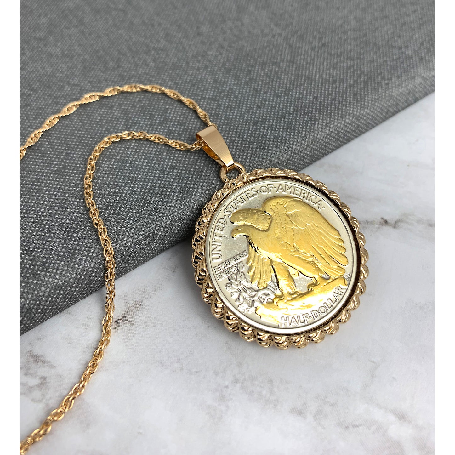Gold-Layered Silver Walking Liberty Eagle Reverse Half Dollar Rope Coin Pendant with Chain