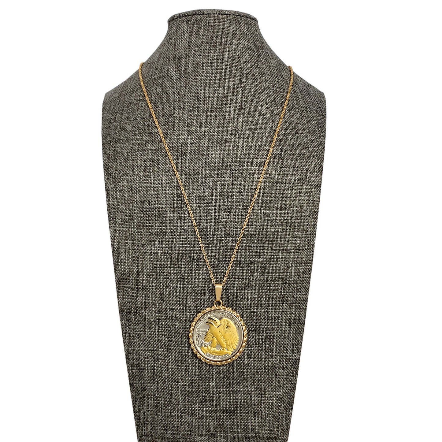 Gold-Layered Silver Walking Liberty Eagle Reverse Half Dollar Rope Coin Pendant with Chain