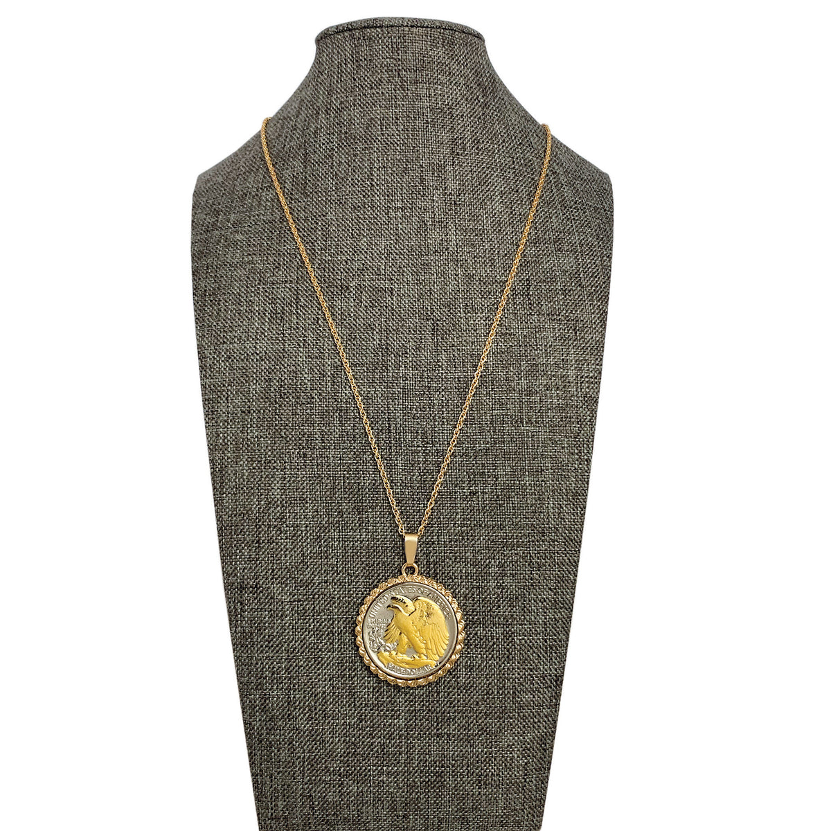 Gold-Layered Silver Walking Liberty Eagle Reverse Half Dollar Rope Coin Pendant with Chain