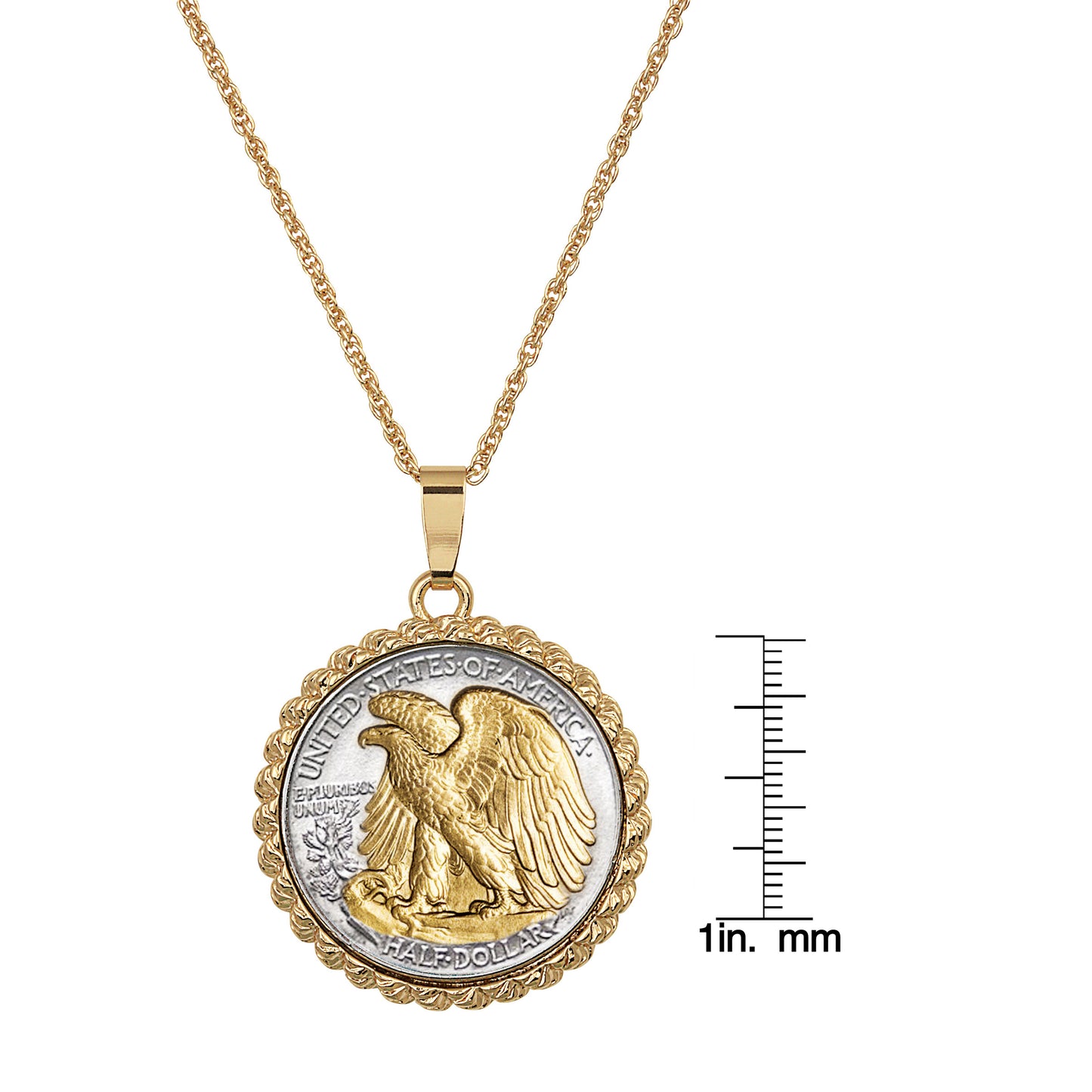 Gold-Layered Silver Walking Liberty Eagle Reverse Half Dollar Rope Coin Pendant with Chain