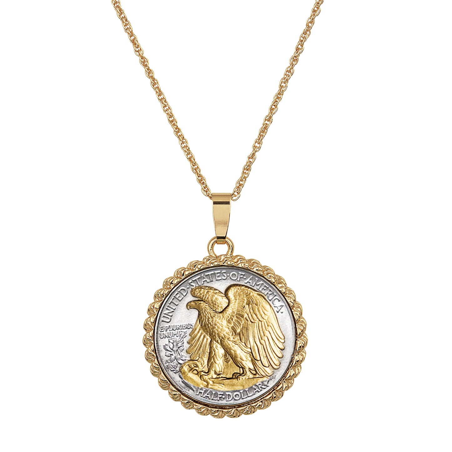 Gold-Layered Silver Walking Liberty Eagle Reverse Half Dollar Rope Coin Pendant with Chain