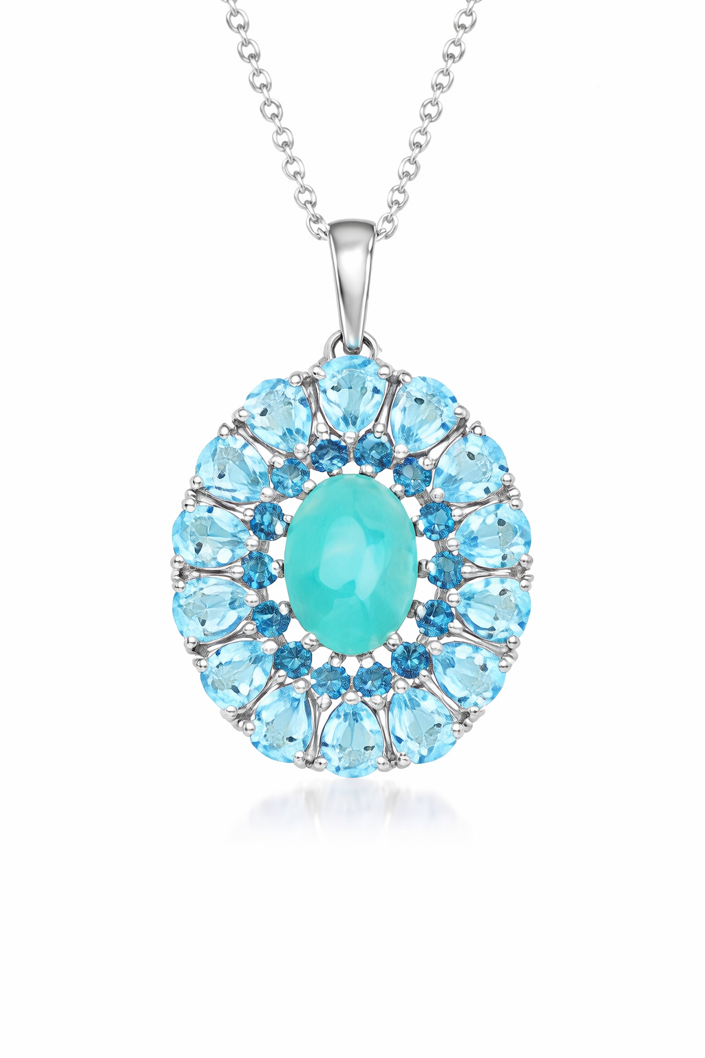 Sterling Silver Sleeping Beauty Turq & Multi Gemstone Double Halo Pendant with Chain