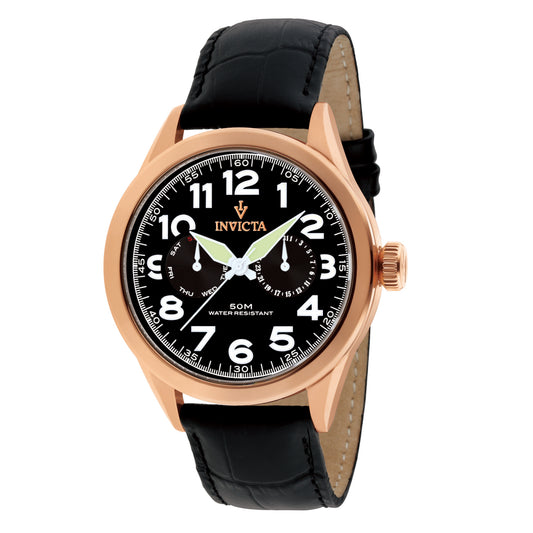 Invicta Men's 45mm Vintage Quartz Date & Day Black Dial Leather Strap Watch
