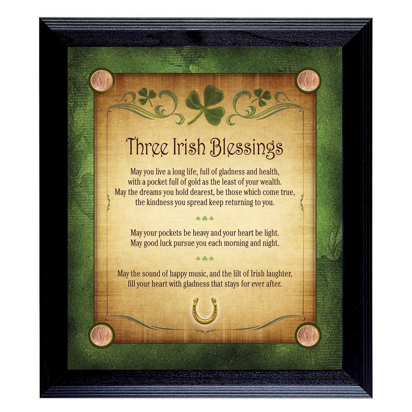 Three Irish Blessings with 4 Lucky Irish Pennies 16" x 14" Wall Frame