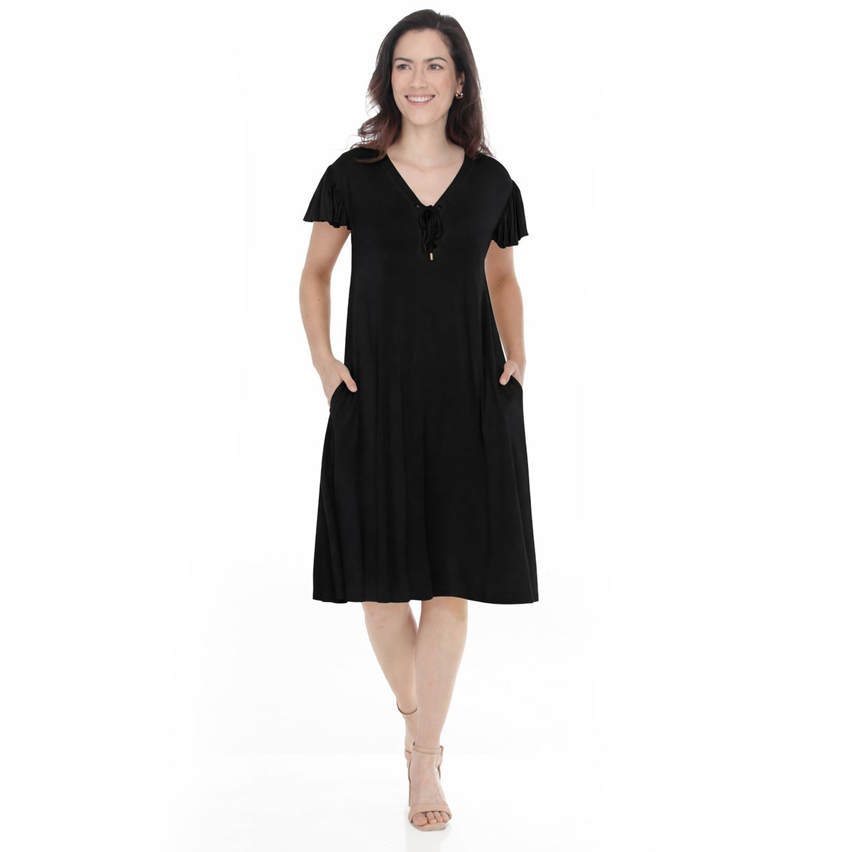 White Mark Women's Tie Front Flutter Sleeve Shift Dress