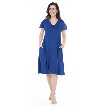 White Mark Women's Tie Front Flutter Sleeve Shift Dress