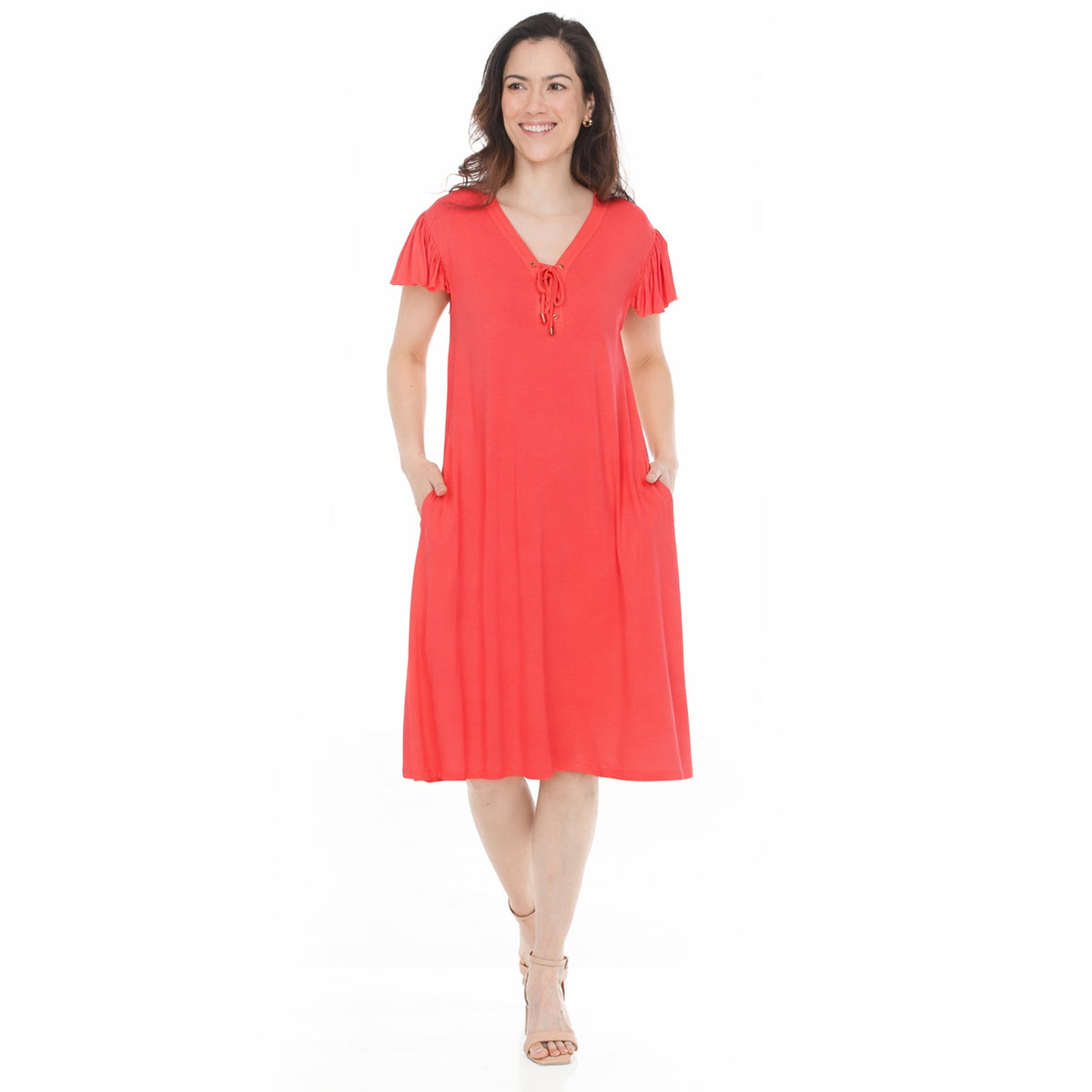 White Mark Women's Tie Front Flutter Sleeve Shift Dress