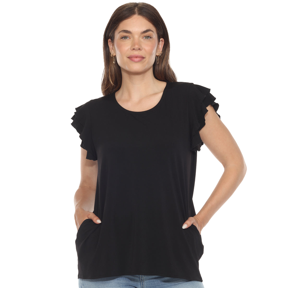 White Mark Women's Ruffle Sleeve Short Sleeve Solid Top