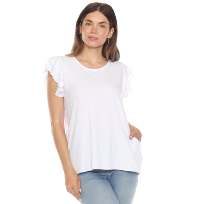 White Mark Women's Ruffle Sleeve Short Sleeve Solid Top