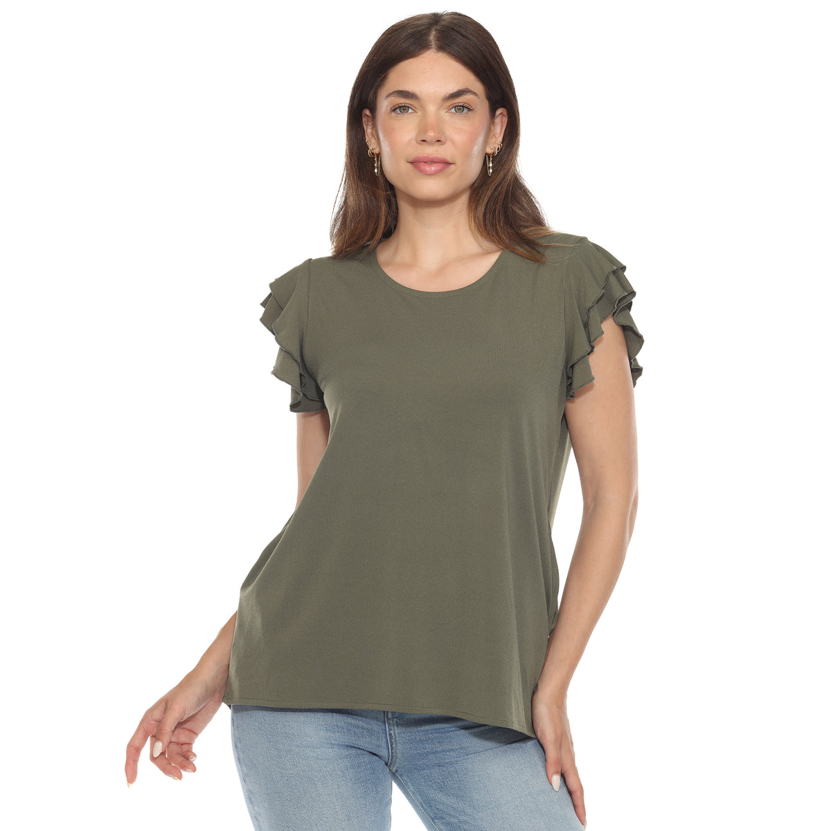 White Mark Women's Ruffle Sleeve Short Sleeve Solid Top
