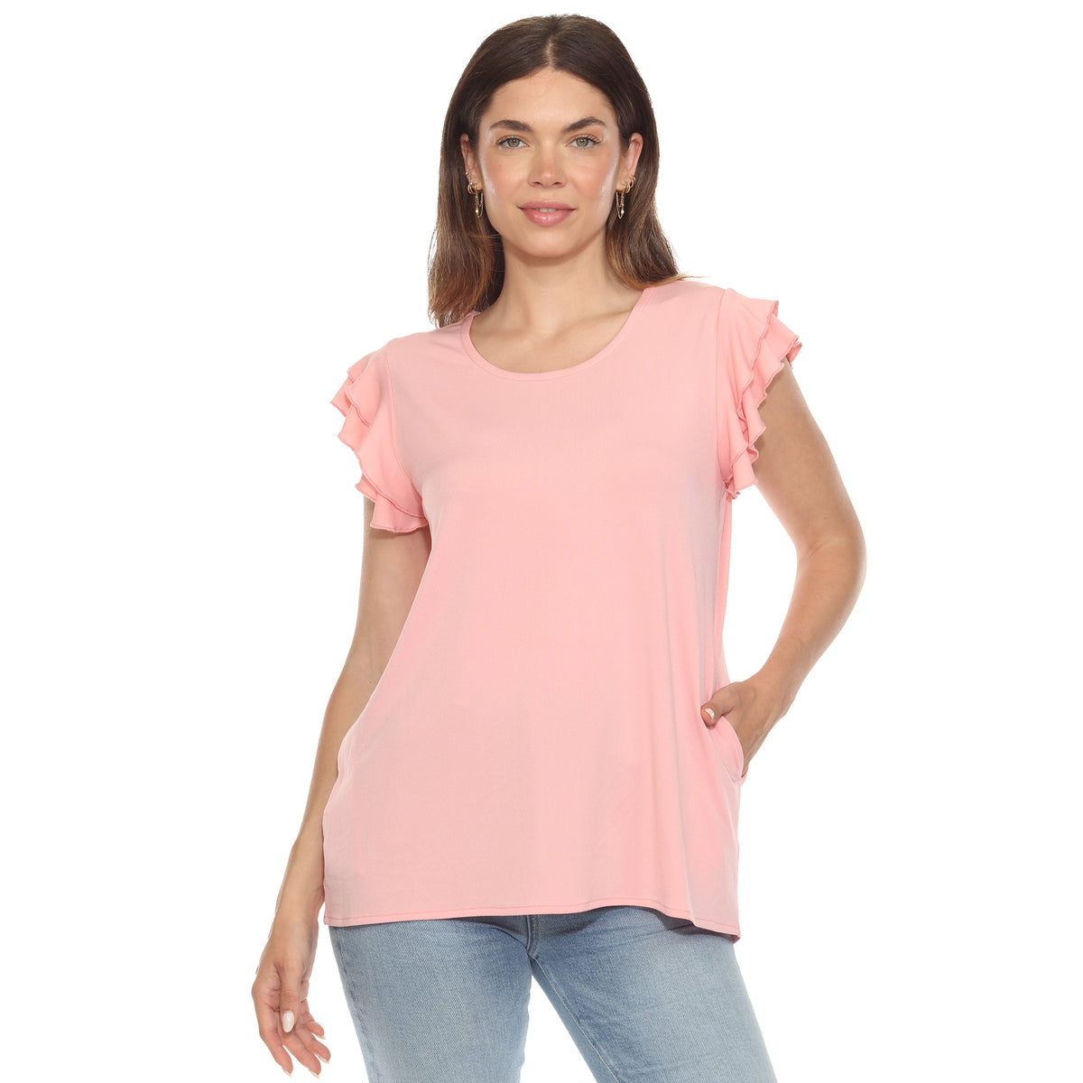 White Mark Women's Ruffle Sleeve Short Sleeve Solid Top