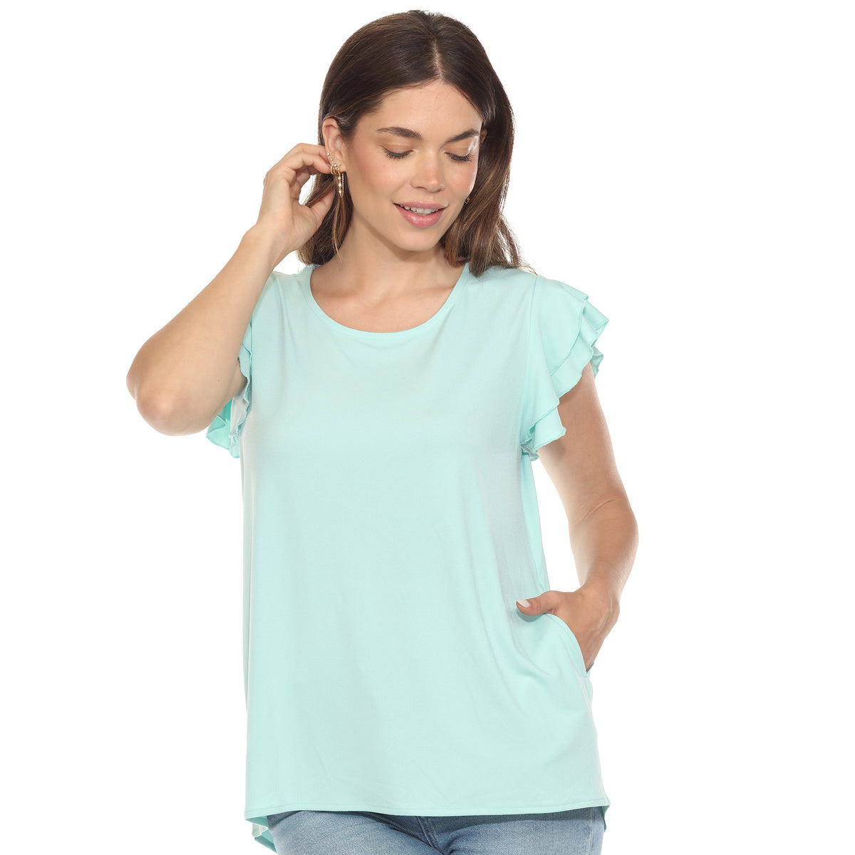 White Mark Women's Ruffle Sleeve Short Sleeve Solid Top
