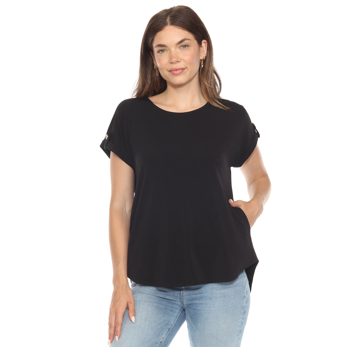 White Mark Women's Folded Short Sleeve Solid Top