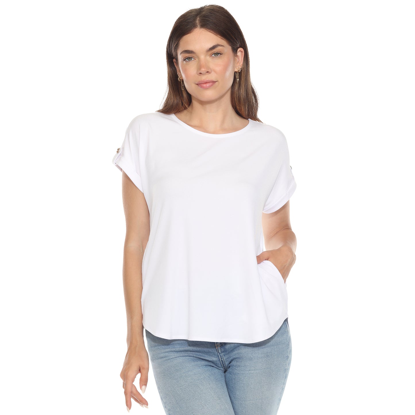 White Mark Women's Folded Short Sleeve Solid Top