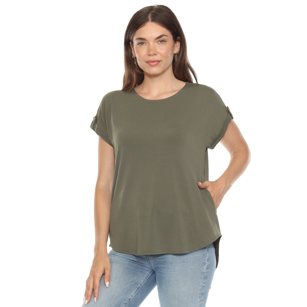 White Mark Women's Folded Short Sleeve Solid Top
