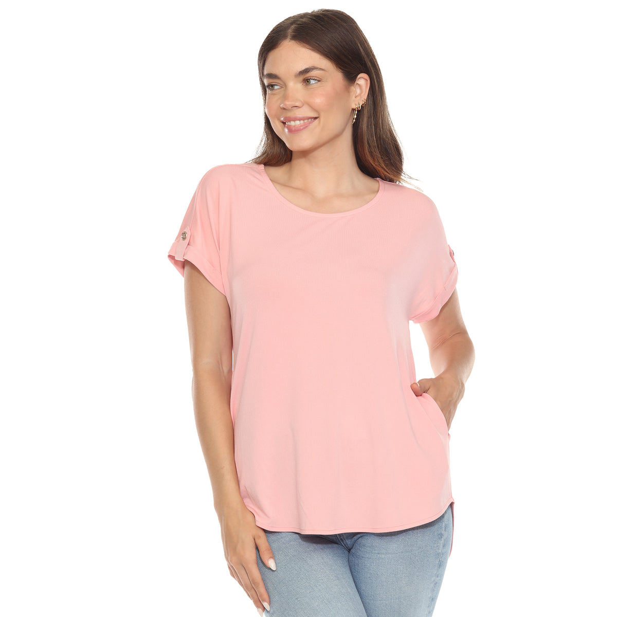 White Mark Women's Folded Short Sleeve Solid Top