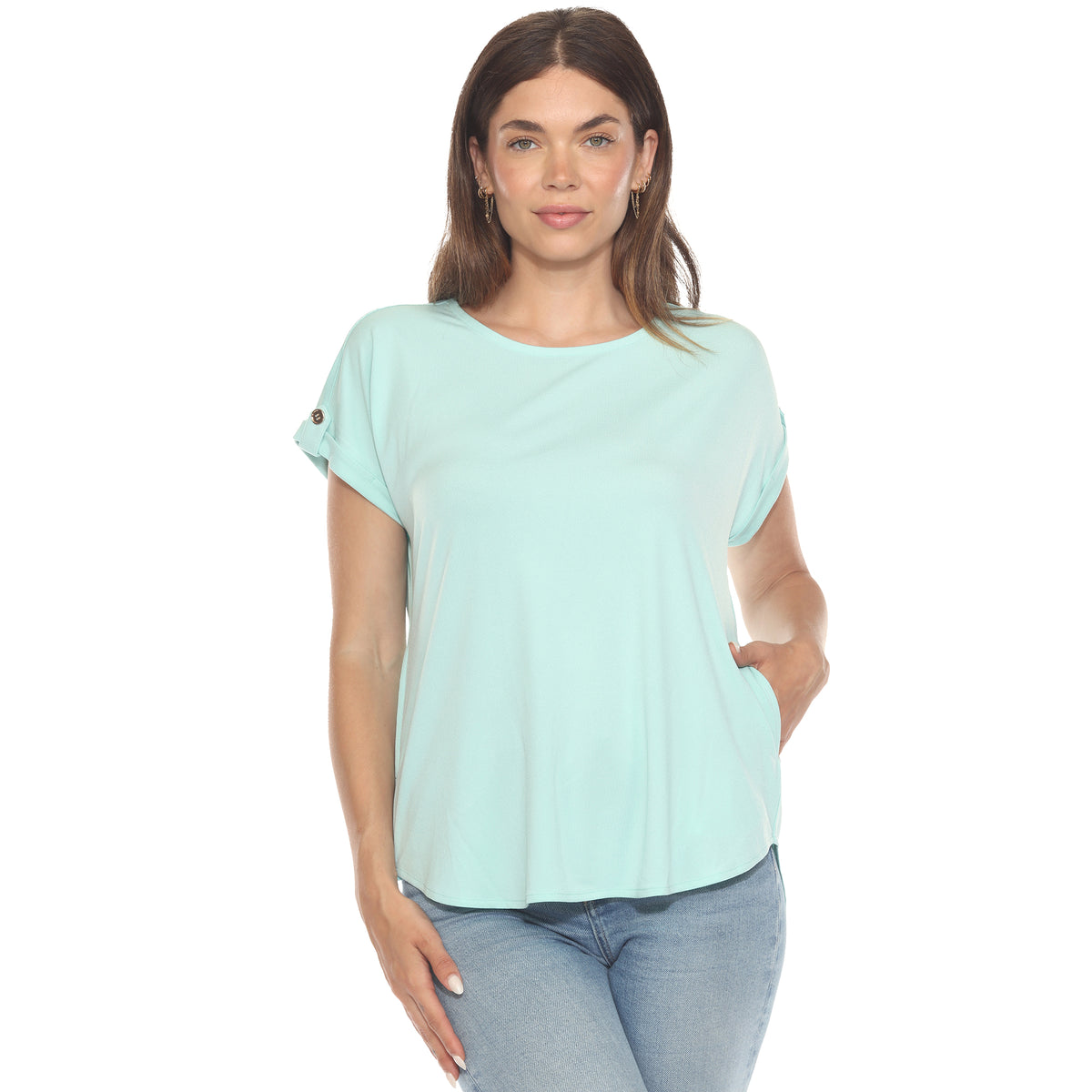 White Mark Women's Folded Short Sleeve Solid Top