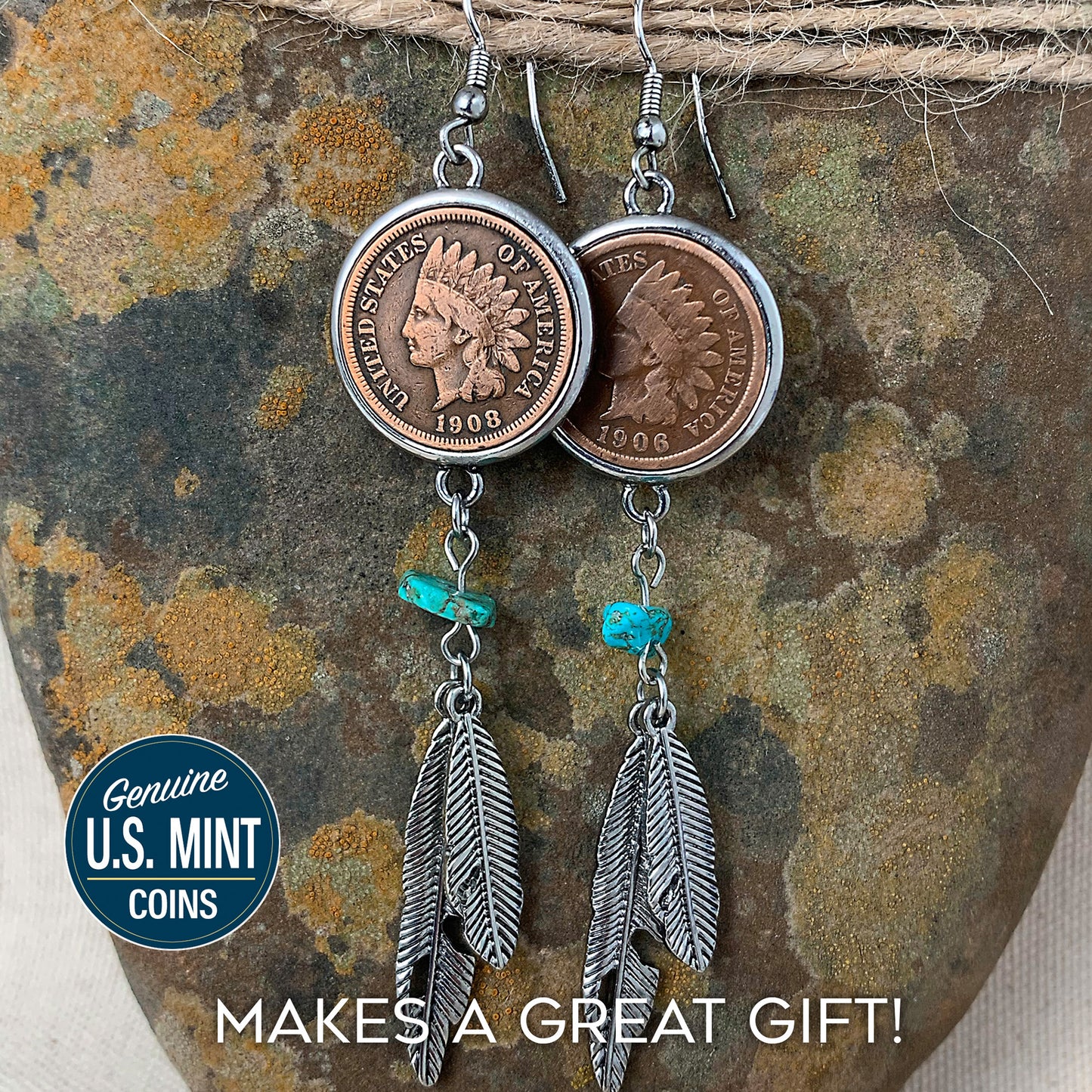 100 Year Old Indian Head Penny Feather Silvertone Coin Earrings