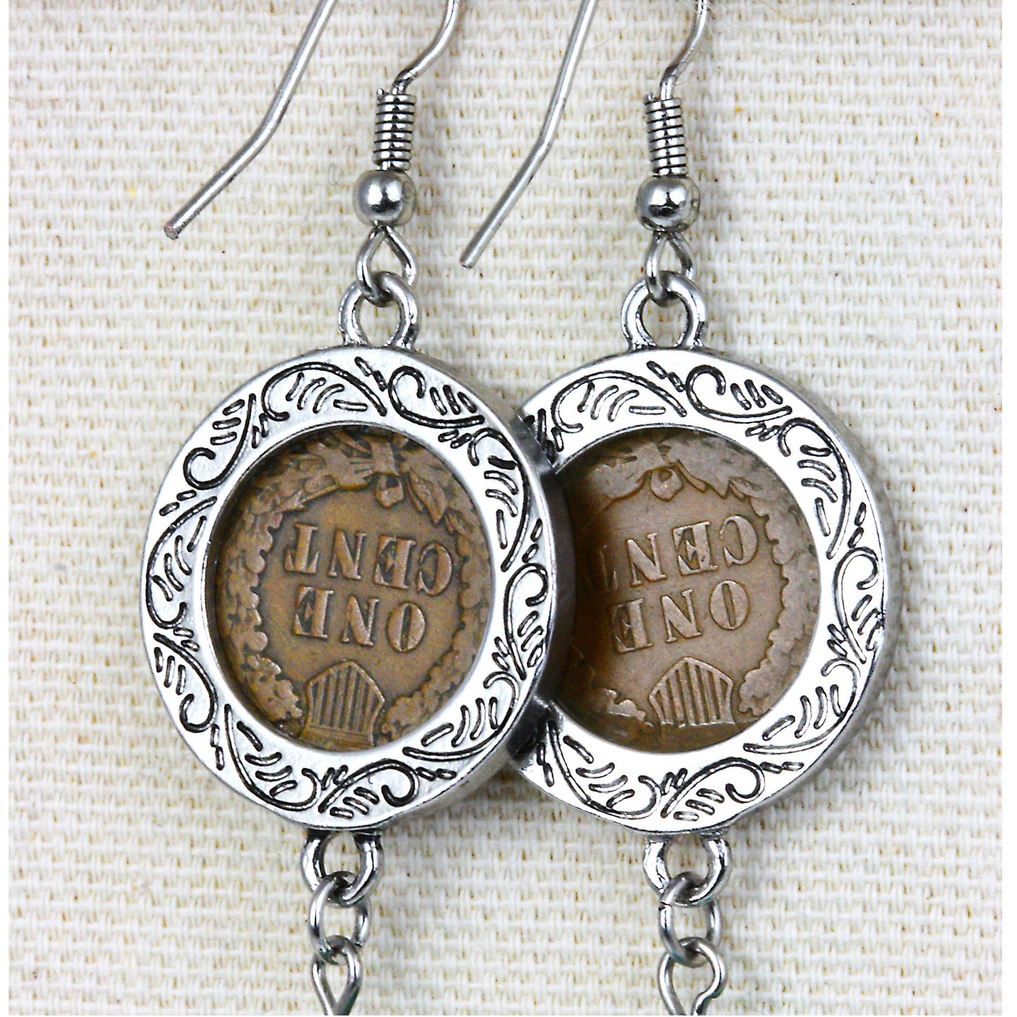 100 Year Old Indian Head Penny Feather Silvertone Coin Earrings