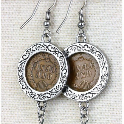 100 Year Old Indian Head Penny Feather Silvertone Coin Earrings