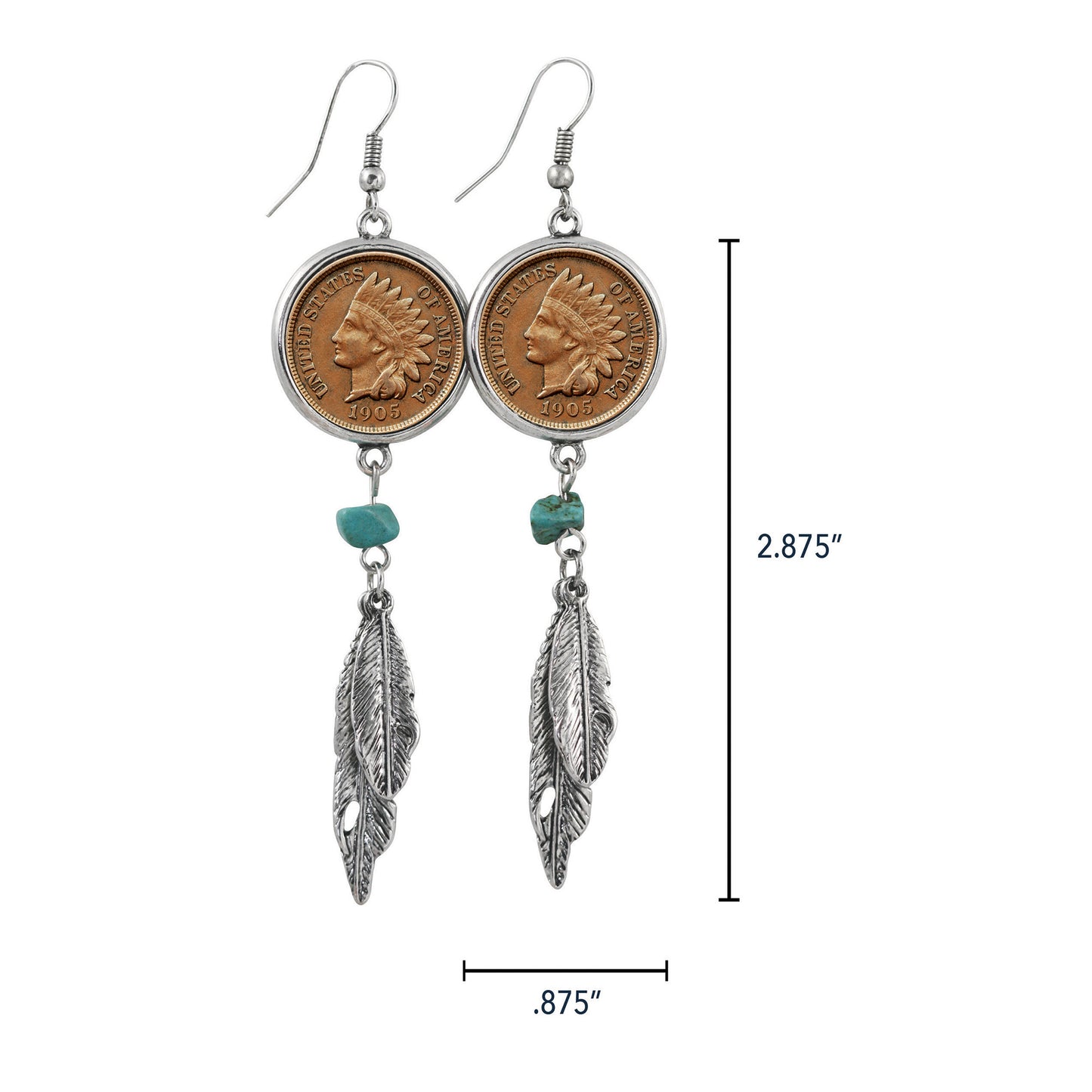 100 Year Old Indian Head Penny Feather Silvertone Coin Earrings