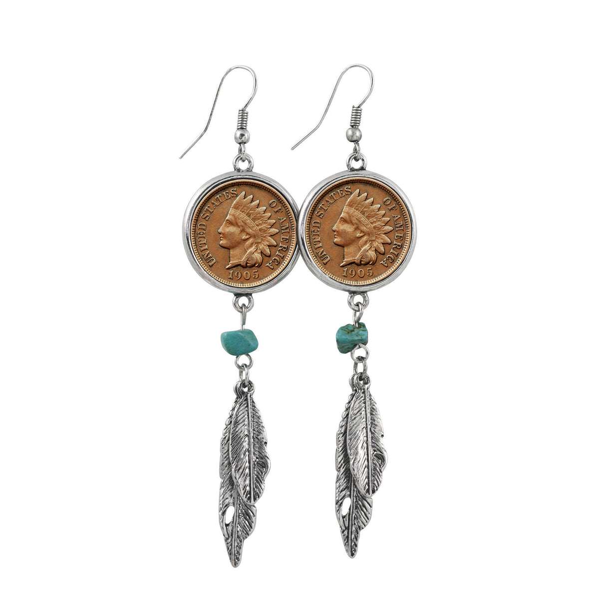 100 Year Old Indian Head Penny Feather Silvertone Coin Earrings