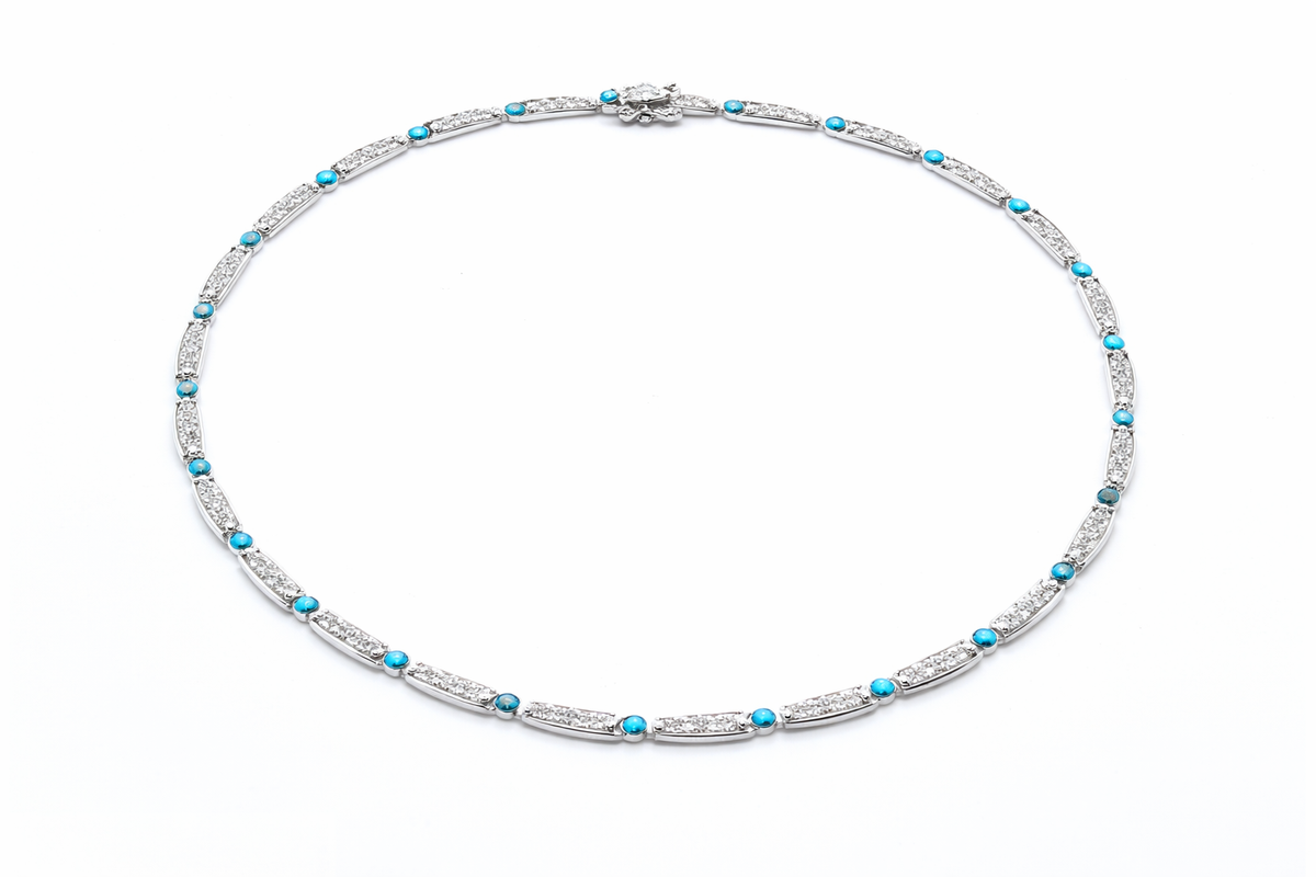 Sterling Silver Sleeping Beauty Turquoise & White Zircon Line Necklace