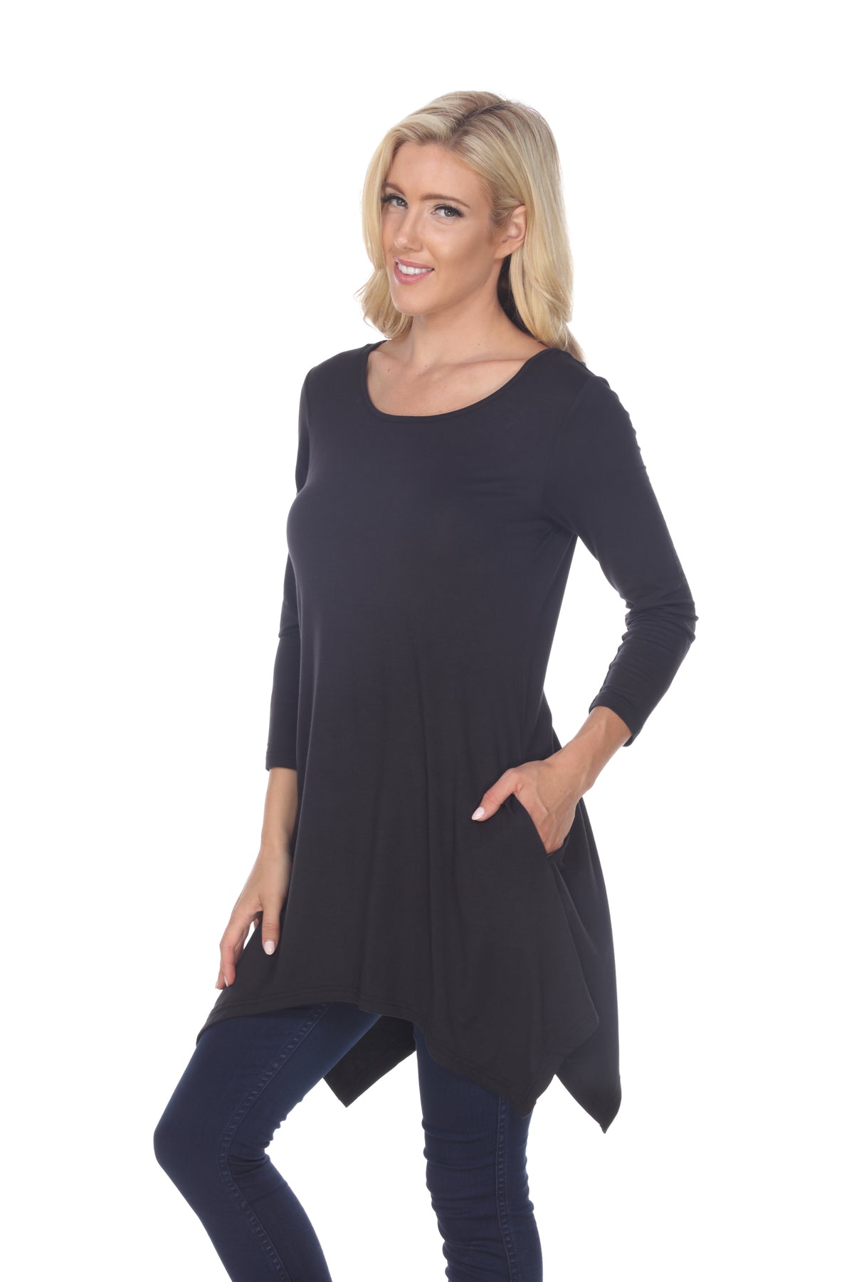 White Mark Women's Makayla Long Sleeve Four Point Hem Solid Tunic Top
