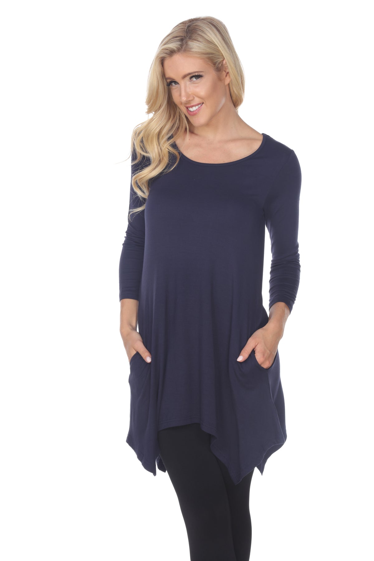 White Mark Women's Makayla Long Sleeve Four Point Hem Solid Tunic Top