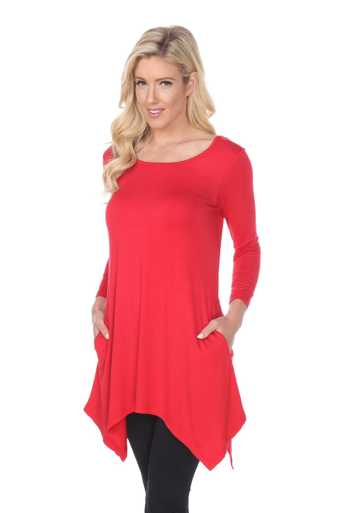 White Mark Women's Makayla Long Sleeve Four Point Hem Solid Tunic Top