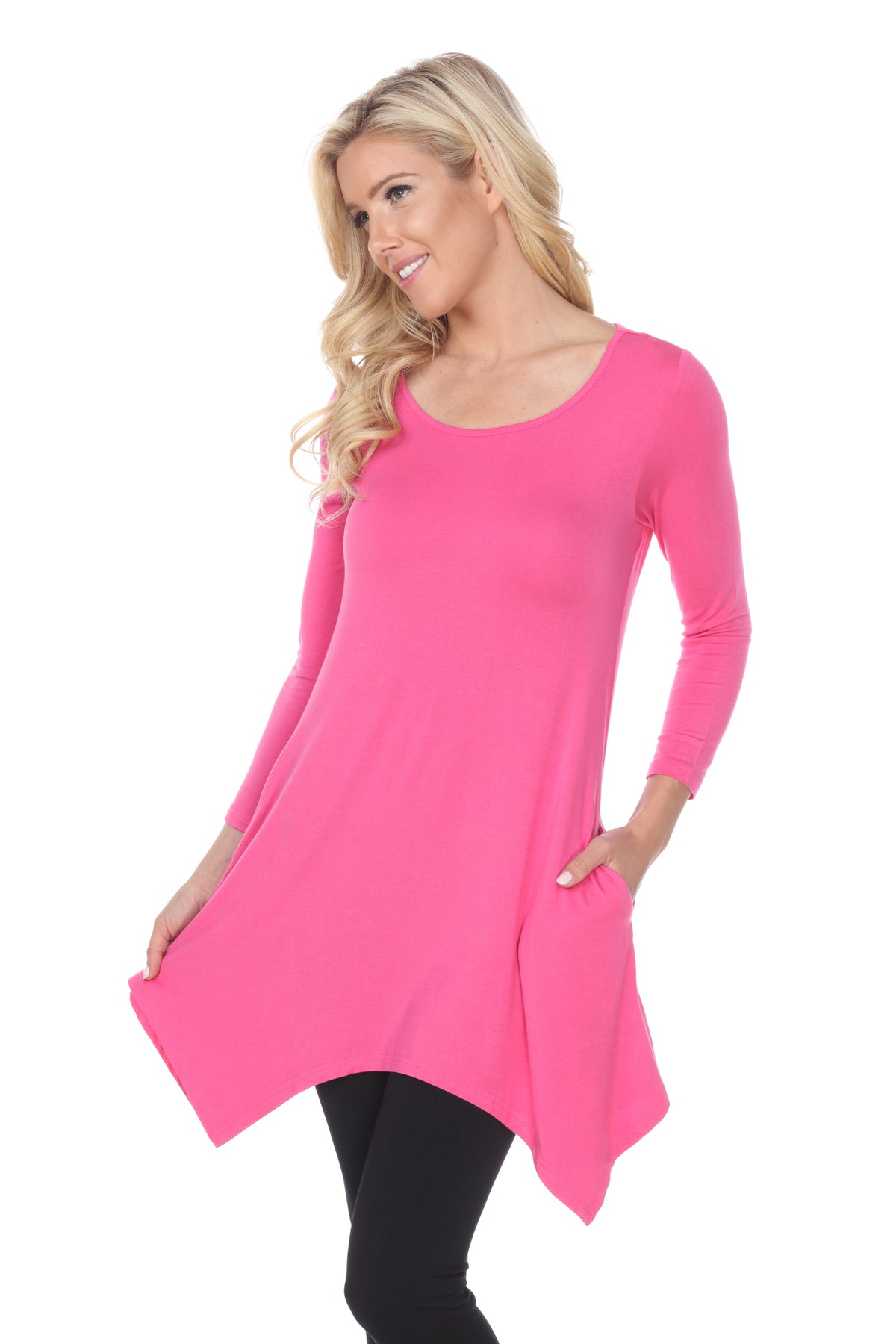 White Mark Women's Makayla Long Sleeve Four Point Hem Solid Tunic Top